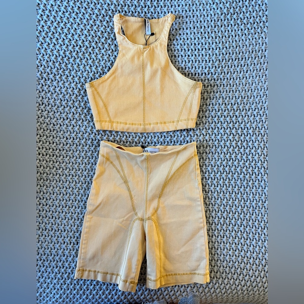 NWT Zara Set of Stretch Denim Racer Back Crop Top and Bike Shorts - Picture 4 of 13